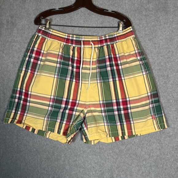 Vtg Polo Ralph Lauren Mens Swim Trunks Shorts Yellow Green Plaid XL Preppy Pony
